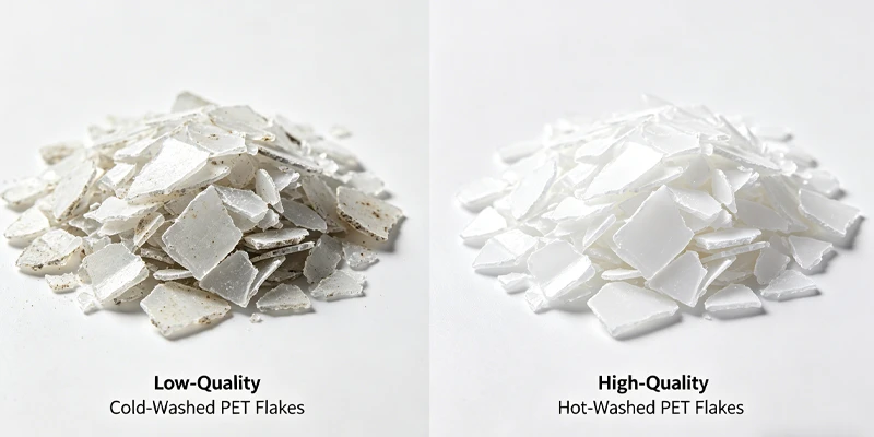 Side-by-side comparison of low-quality cold-washed vs high-quality hot-washed PET flakes